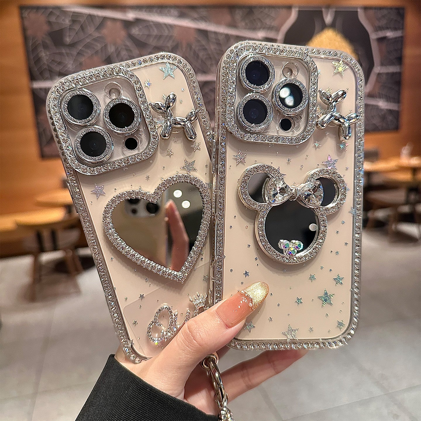 iPhoneケース おしゃれ ハート 熊ちゃん キラキラ ミラー付き スマホケース
