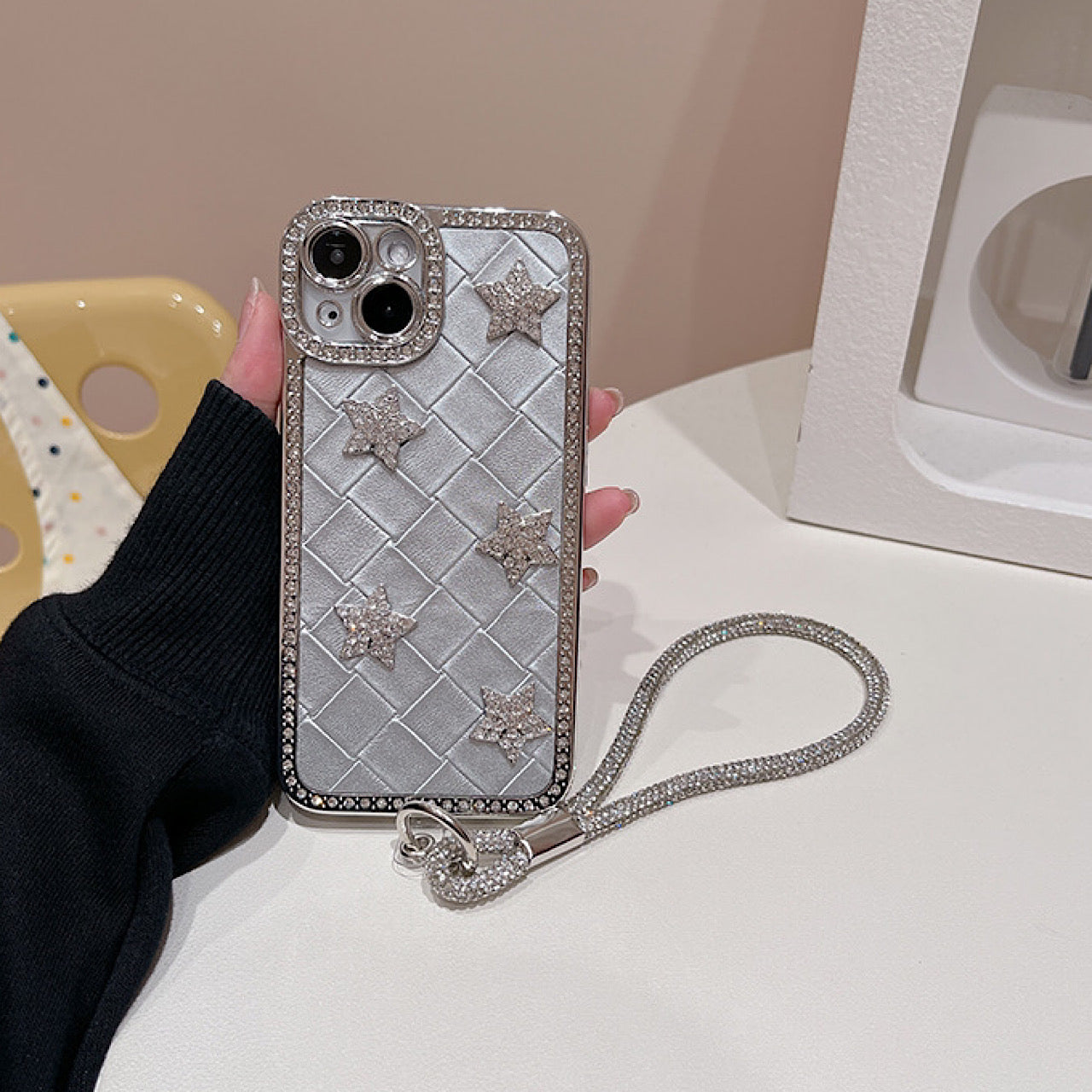 iPhoneケース 立体スター×チェック柄 キラキラ スマホケース