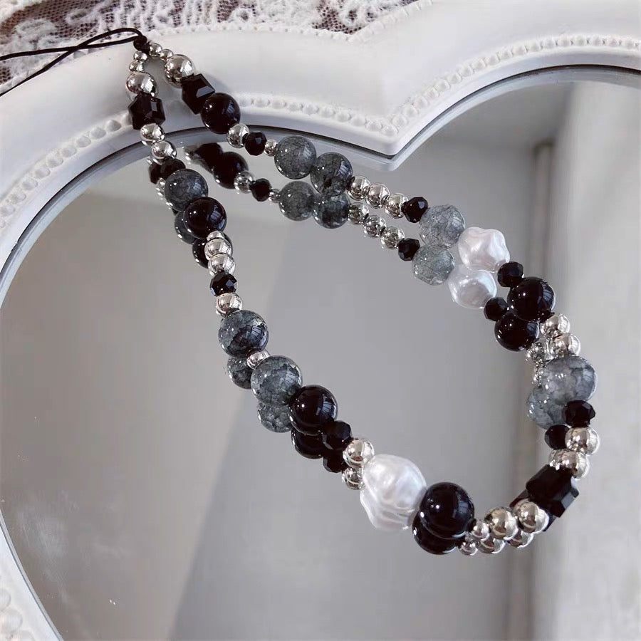 携帯ストラップ おしゃれ ブラック×グレー ビーズ スマホストラップ