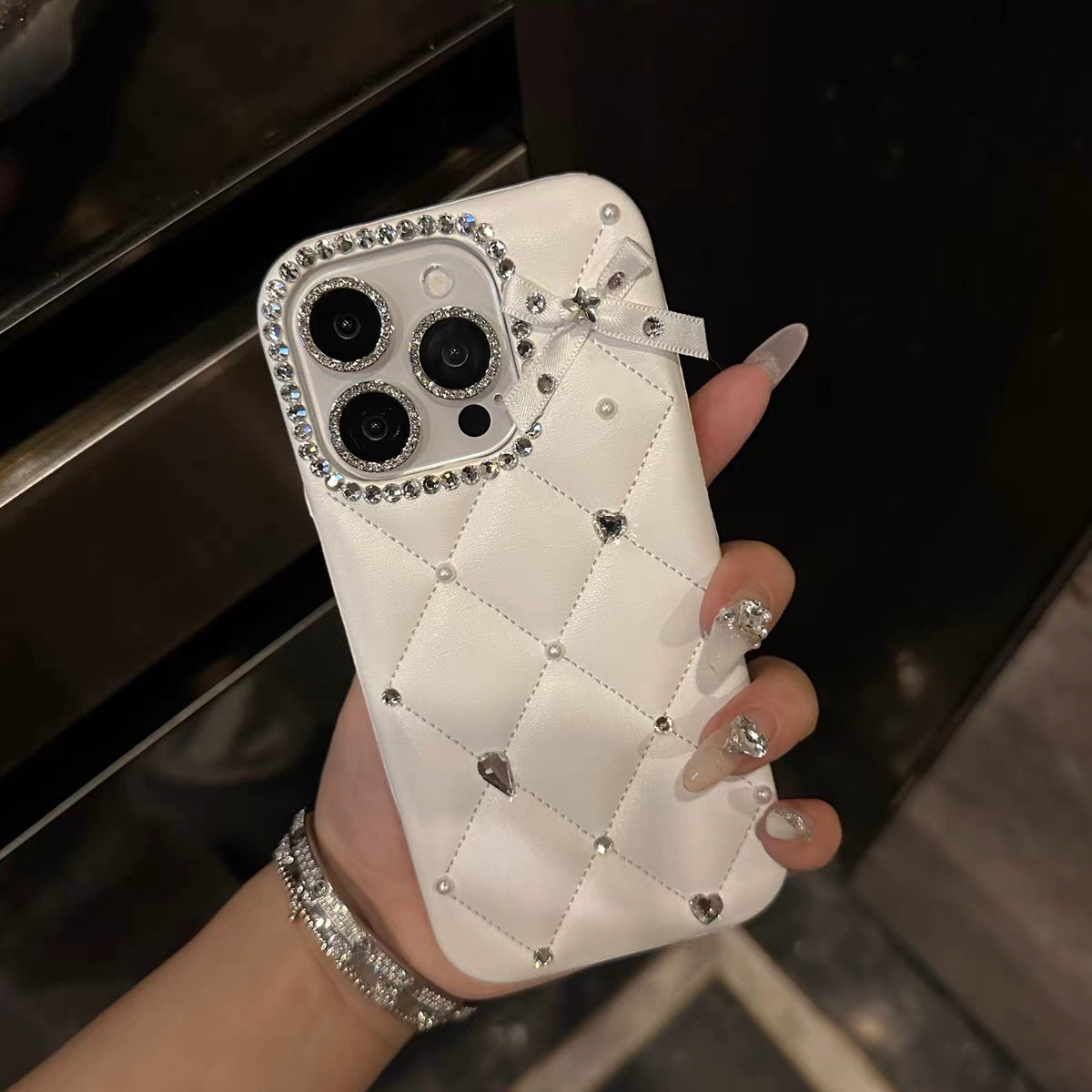 iPhoneケース おしゃれ 立体 リボン ホワイト アーガイル スマホケース