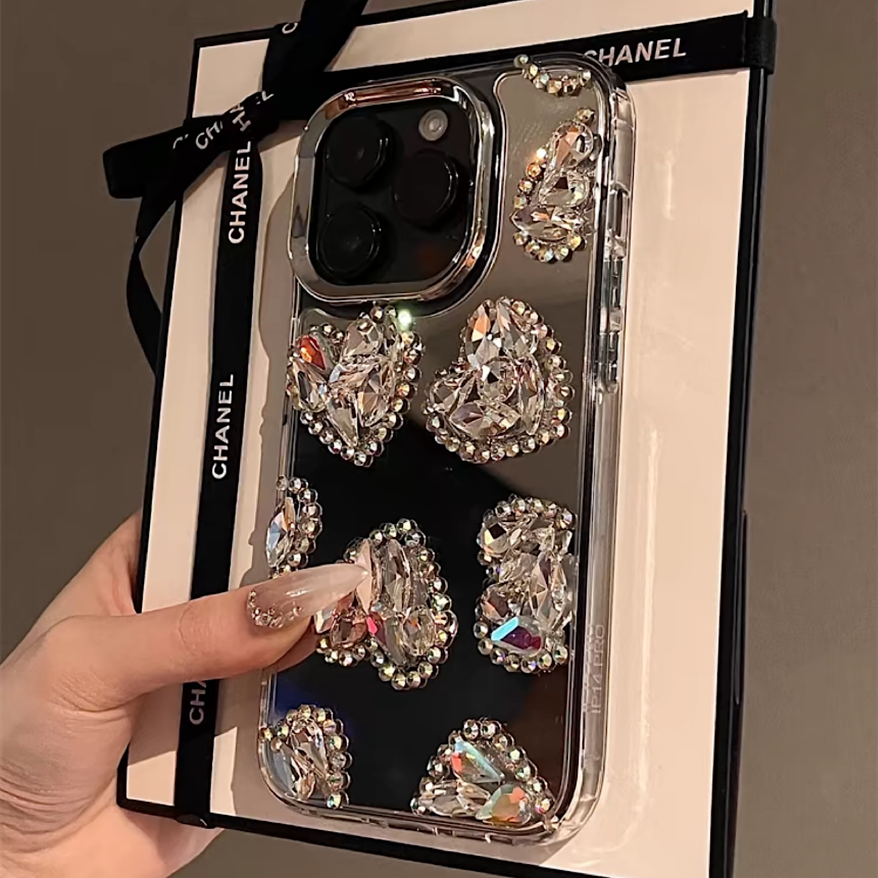 iPhoneケース おしゃれ ホワイト ハート キラキラ ミラー付き スマホケース