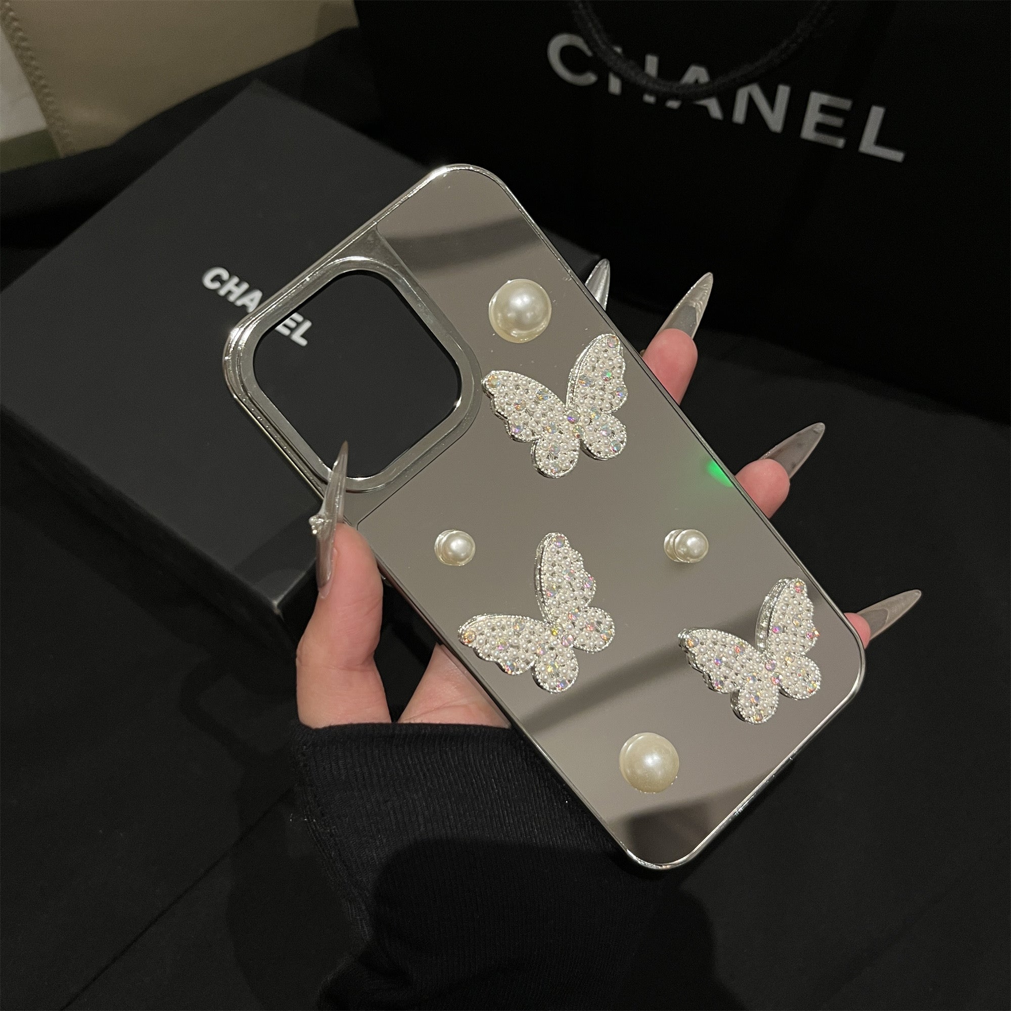 iPhoneケース おしゃれ 蝶々 クリスタル ミラー付き スマホケース