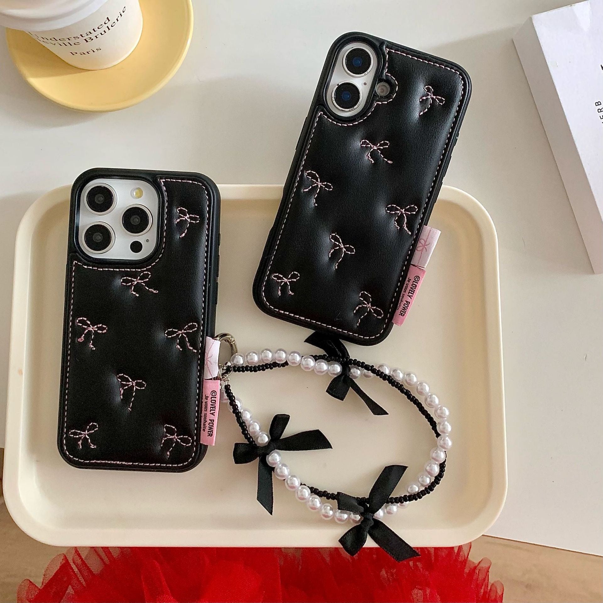 iPhoneケース おしゃれ 高級感 革質 結び目 リボン ハート ブラック スマホケース