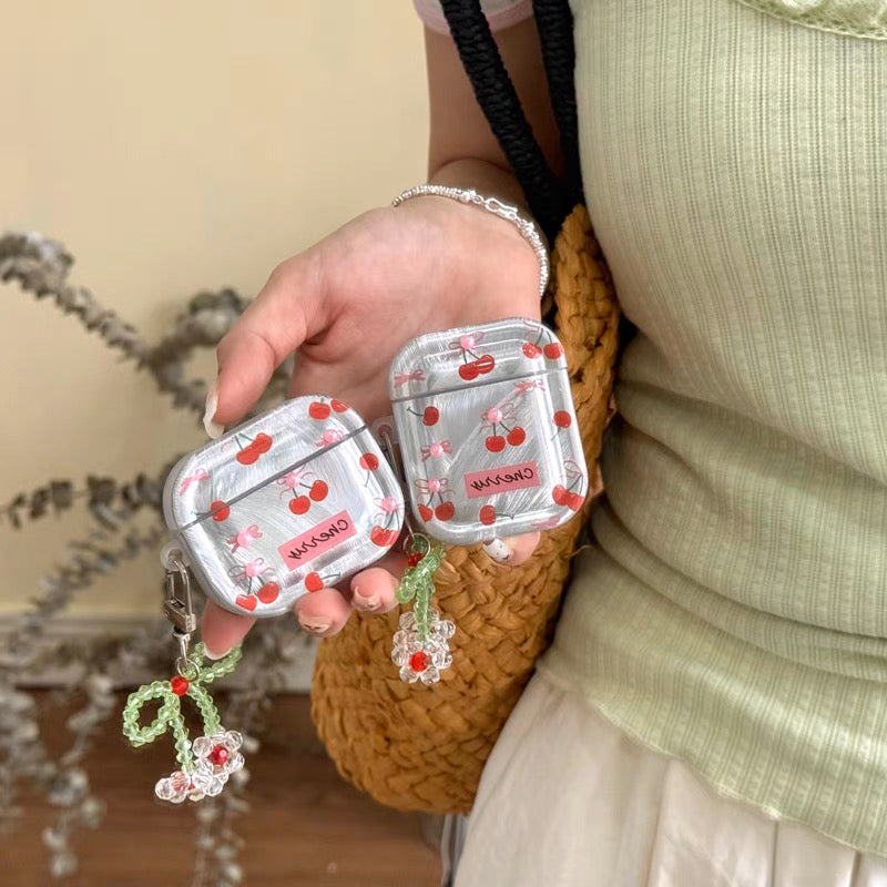 AirPodsケース かわいい 立体 チェリー シルバー AirPods Proケース