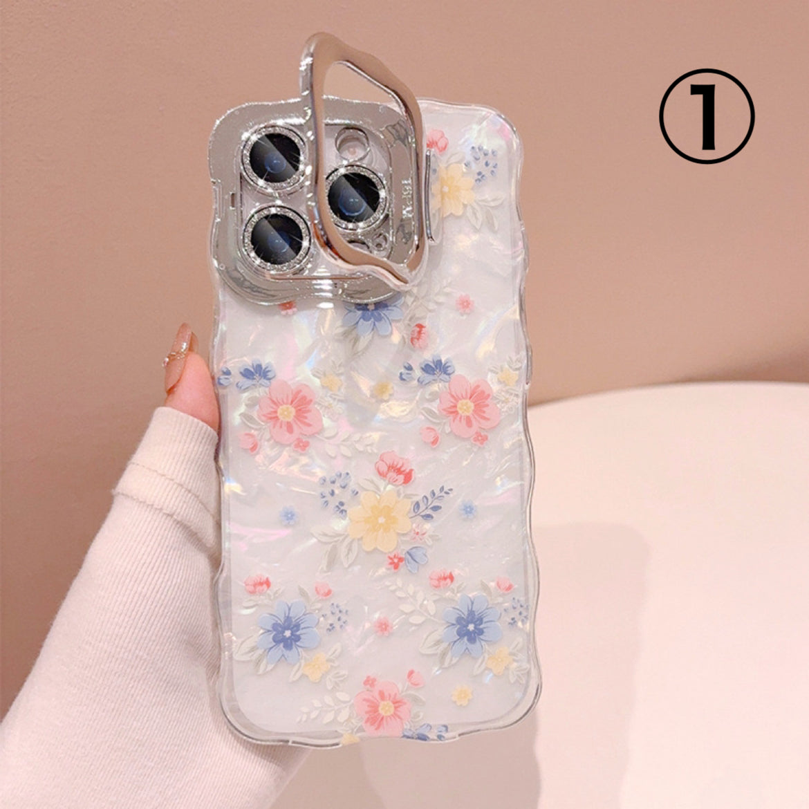 iPhoneケース 小花柄クリア×カメラ保護カバー スマホスタンド スマホケース