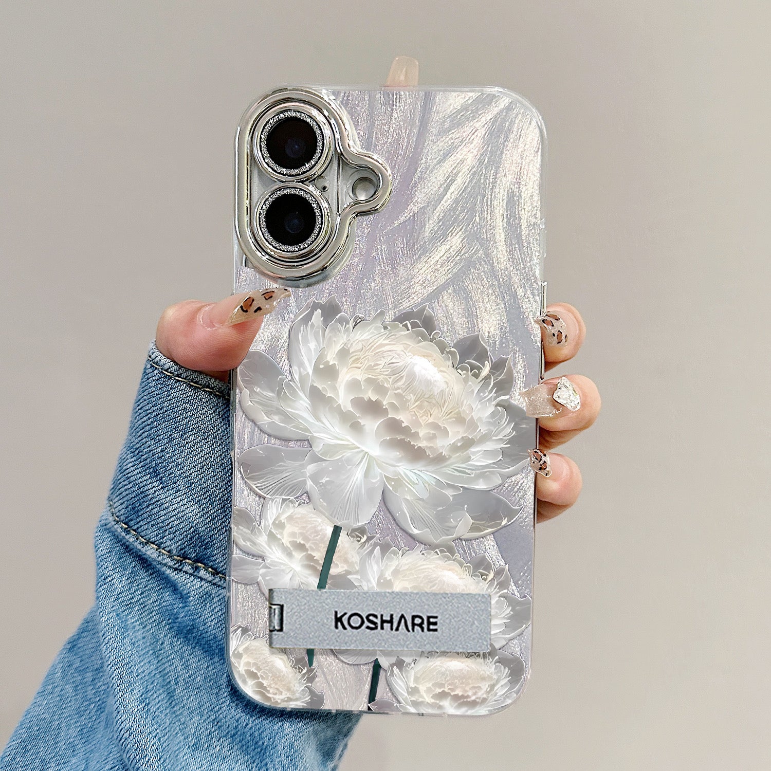 iPhoneケース おしゃれ ホワイト フラワー スタンド付き スマホケース