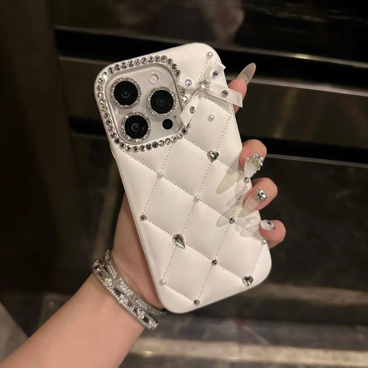 iPhoneケース おしゃれ 立体 リボン ホワイト アーガイル スマホケース