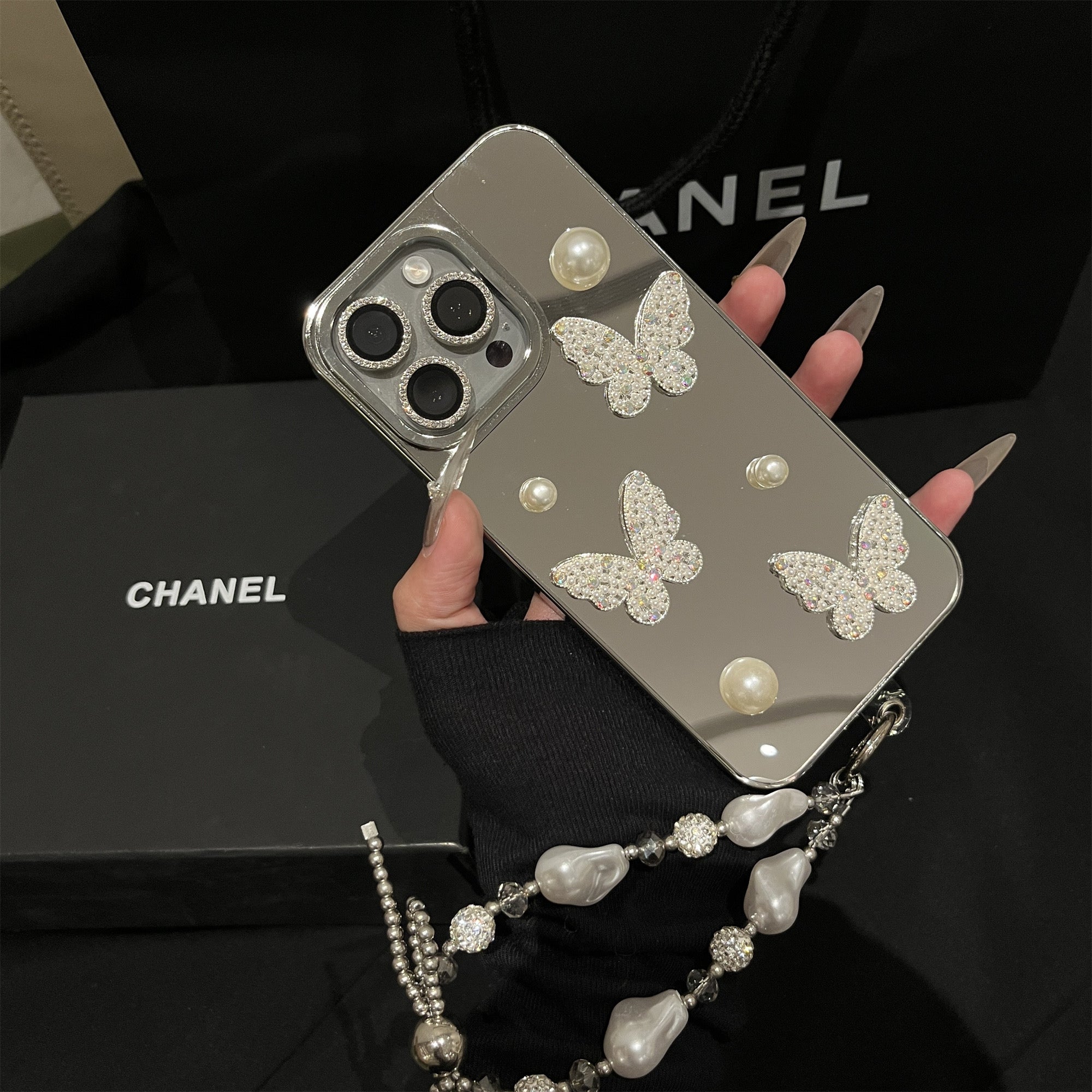 iPhoneケース おしゃれ 蝶々 クリスタル ミラー付き スマホケース