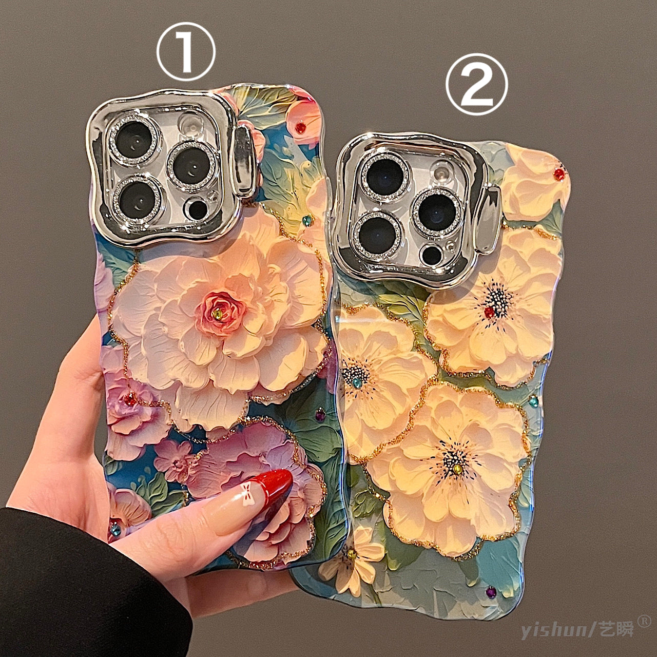 iPhoneケース おしゃれ イエロー フラワー スタンド付き スマホケース