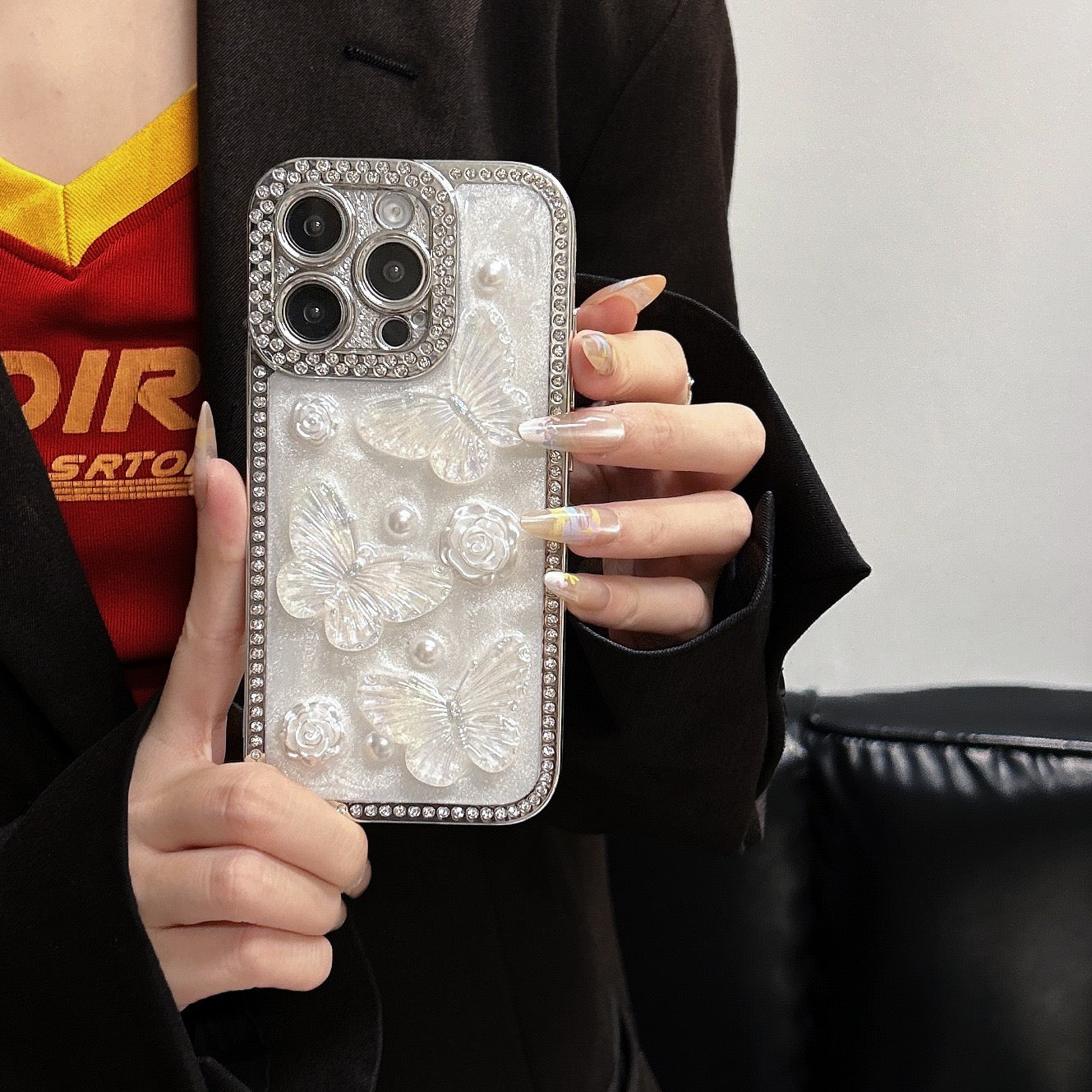 iPhoneケース 蝶々とローズ エレガント スマホケース