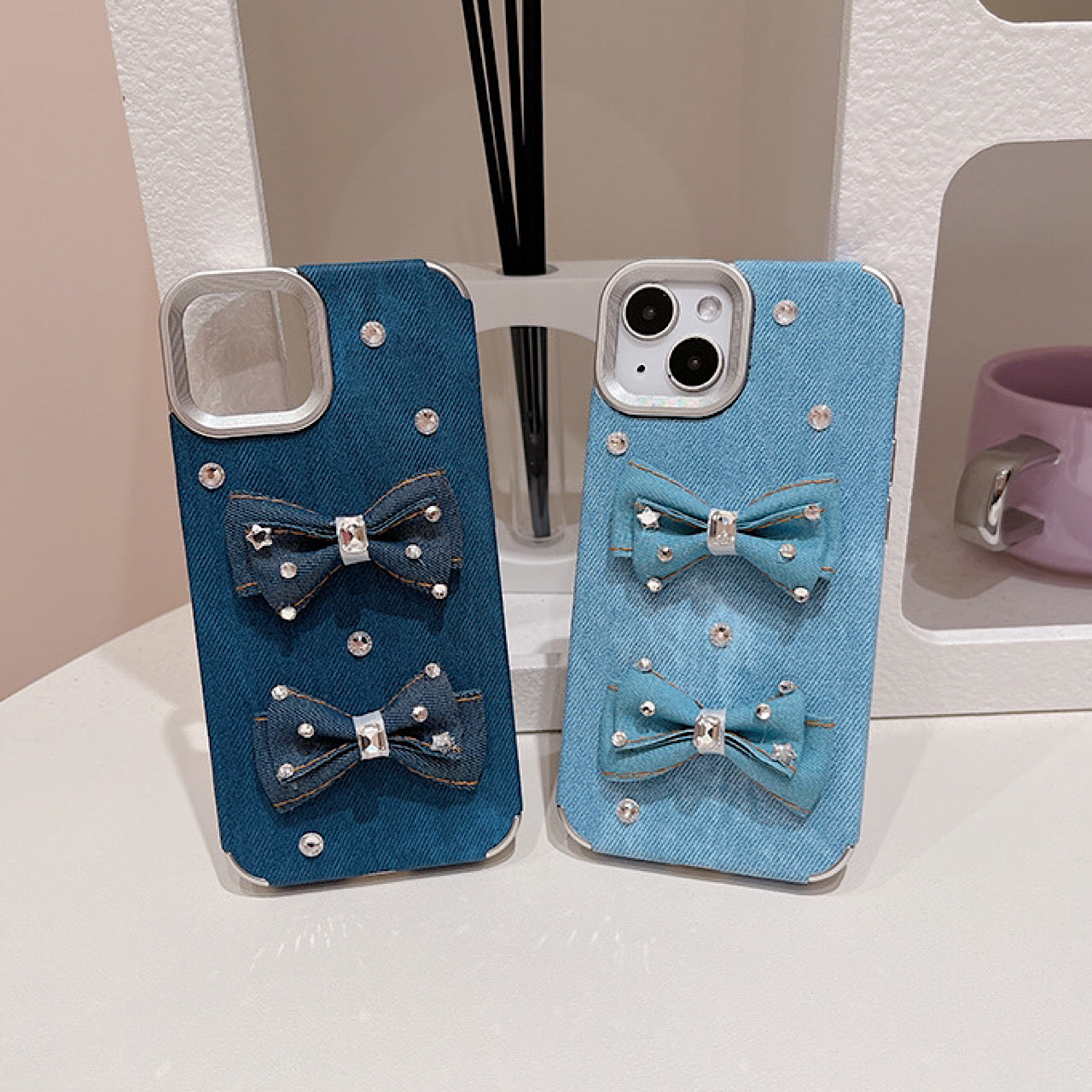 iPhoneケース 立体リボン付き デニム風 スマホケース