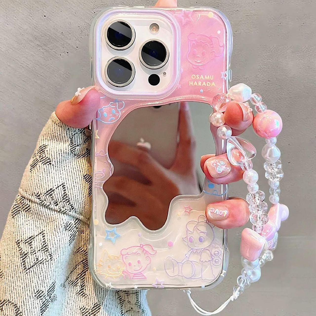 iPhoneケース ゆめかわ ピンク ミラー&キャラクター柄 スマホケース