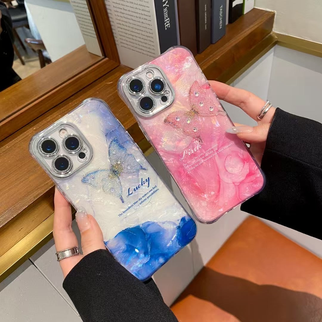 iPhoneケース きらめく 立体蝶々 大理石風 スマホケース