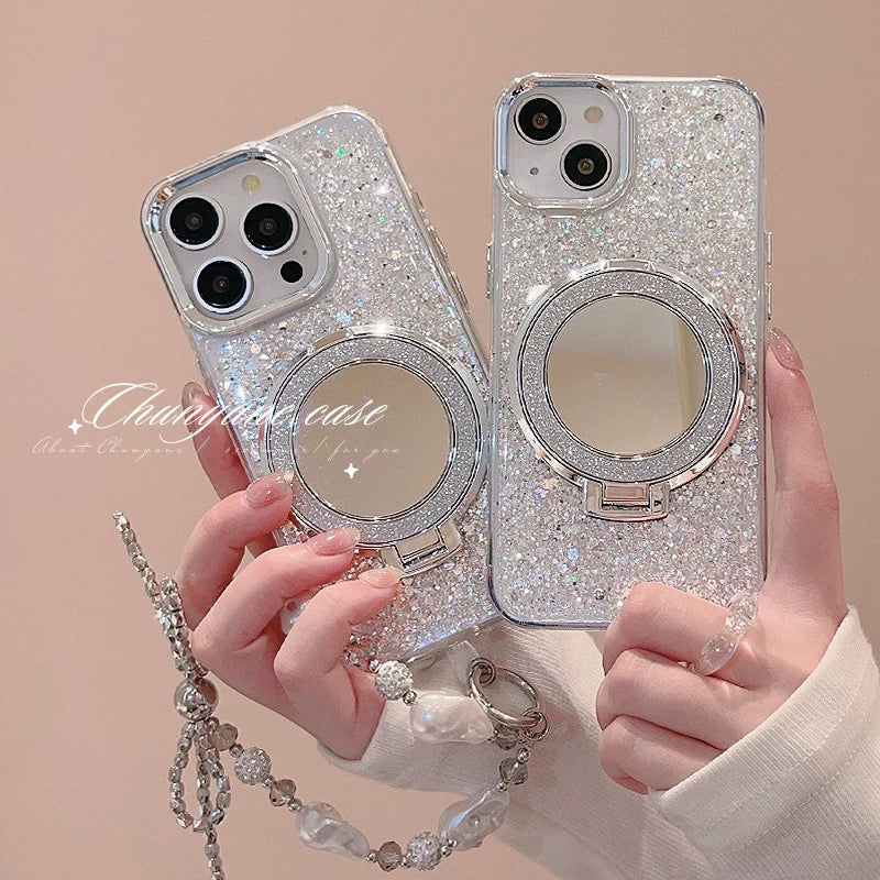 iPhoneケース おしゃれ キラキラ ホワイト ミラー付き スマホケース