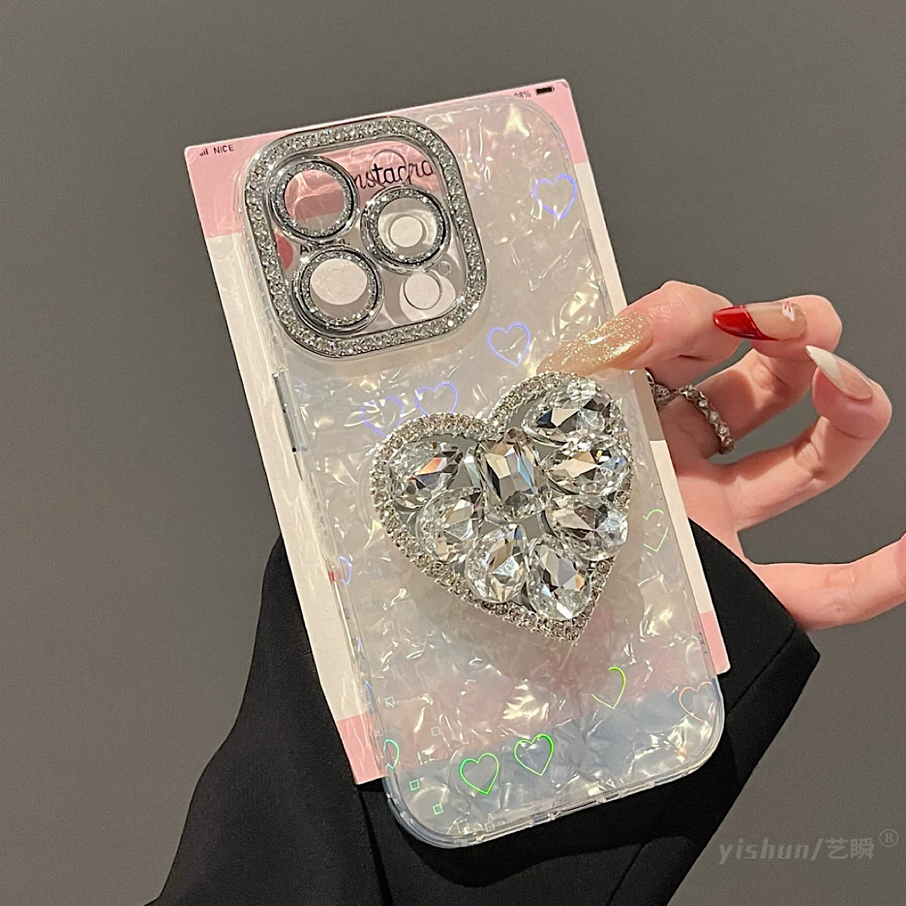 iPhoneケース おしゃれ キラキラ ハート 持ち手付き 韓国 スマホケース
