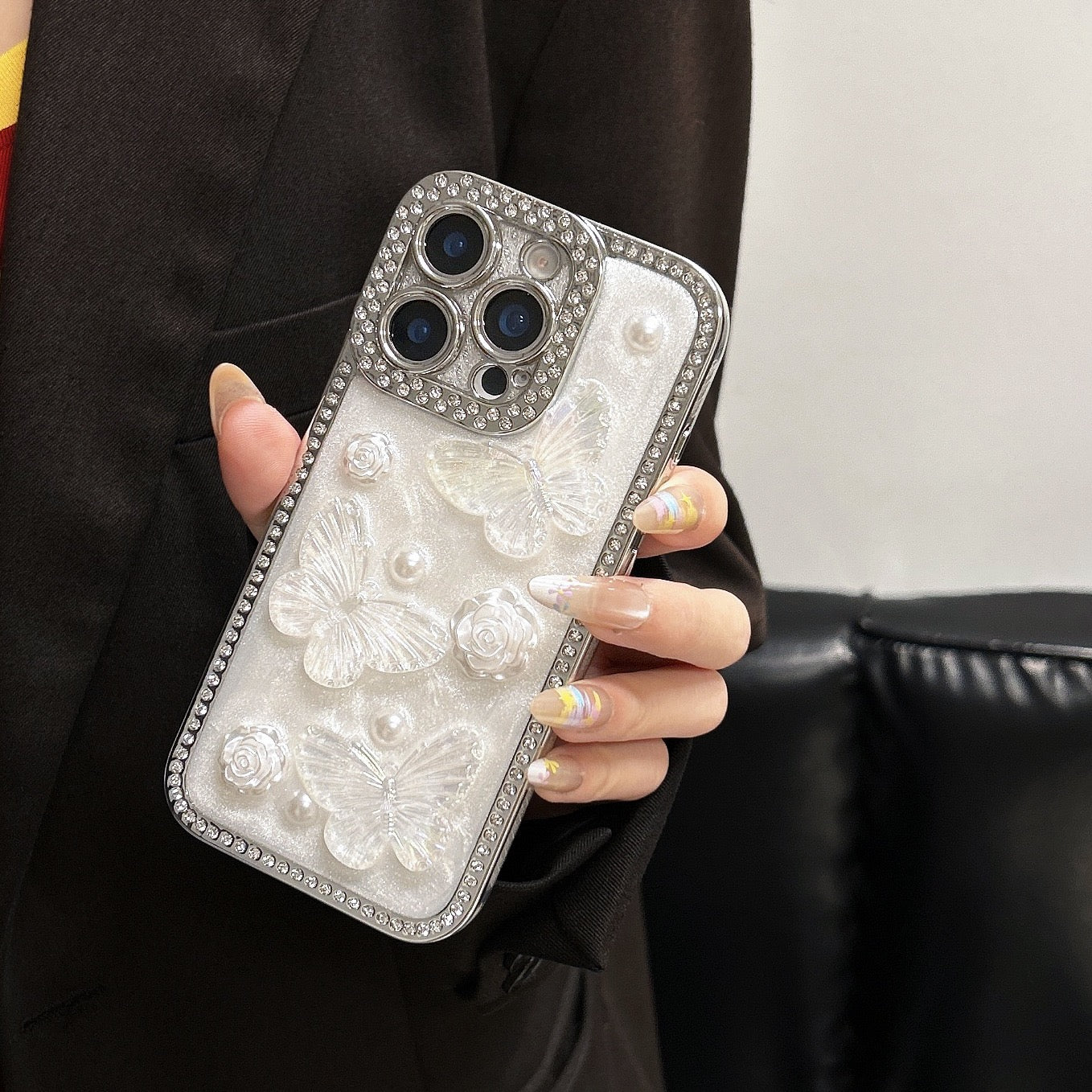 iPhoneケース 蝶々とローズ エレガント スマホケース