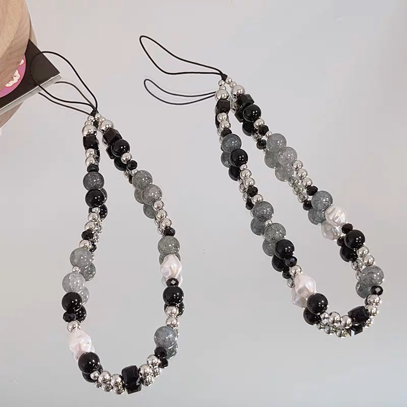 携帯ストラップ おしゃれ ブラック×グレー ビーズ スマホストラップ