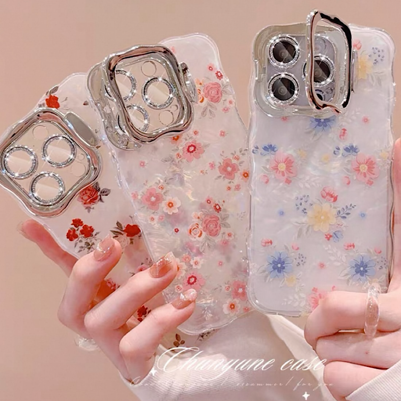 iPhoneケース 小花柄クリア×カメラ保護カバー スマホスタンド スマホケース