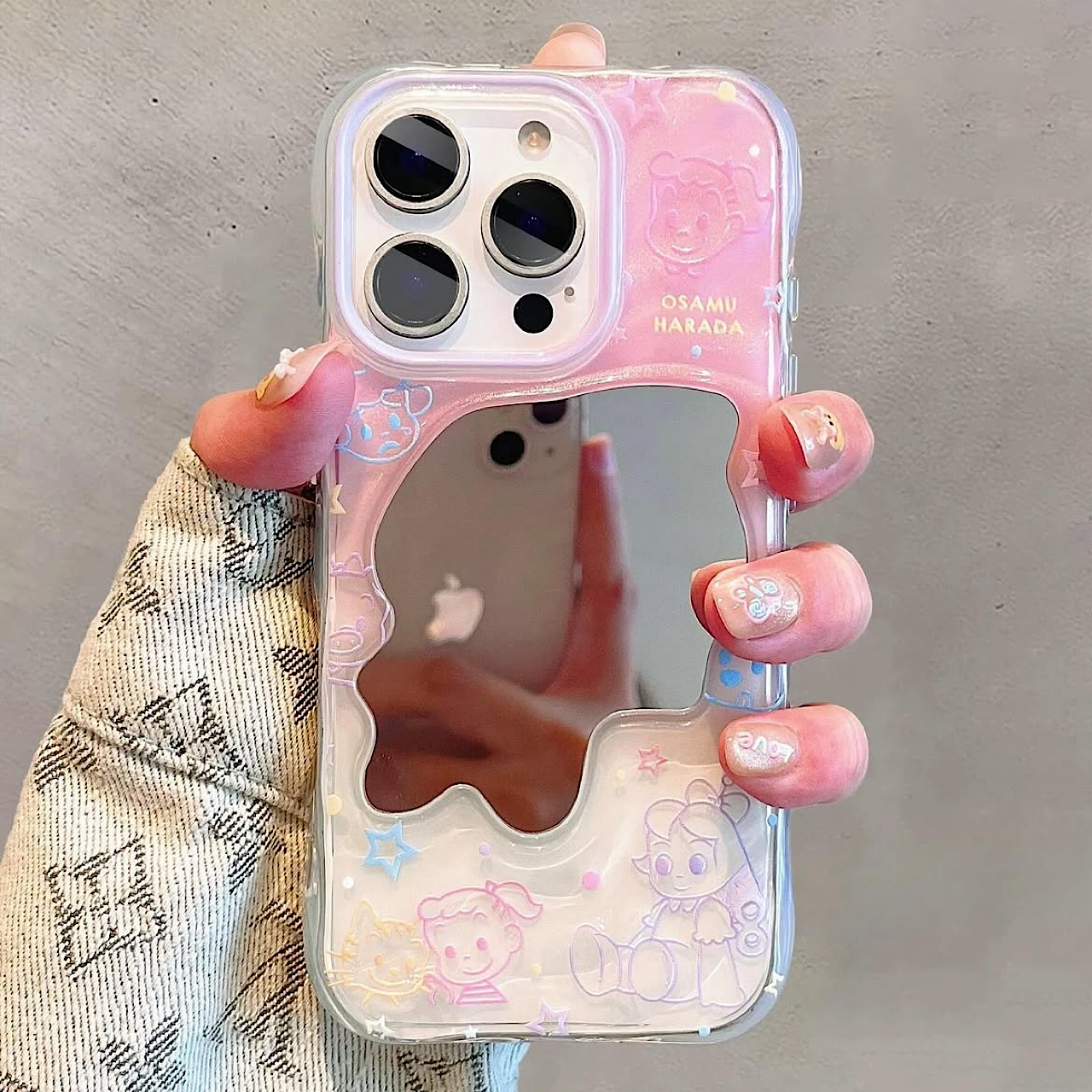 iPhoneケース ゆめかわ ピンク ミラー&キャラクター柄 スマホケース