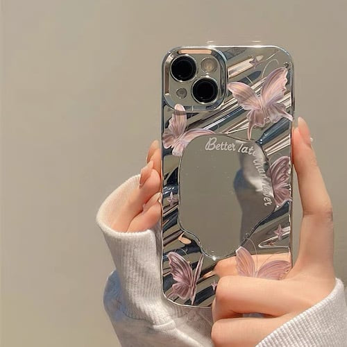 iPhoneケース 鏡付き おしゃれ 蝶々 シルバー スマホケース