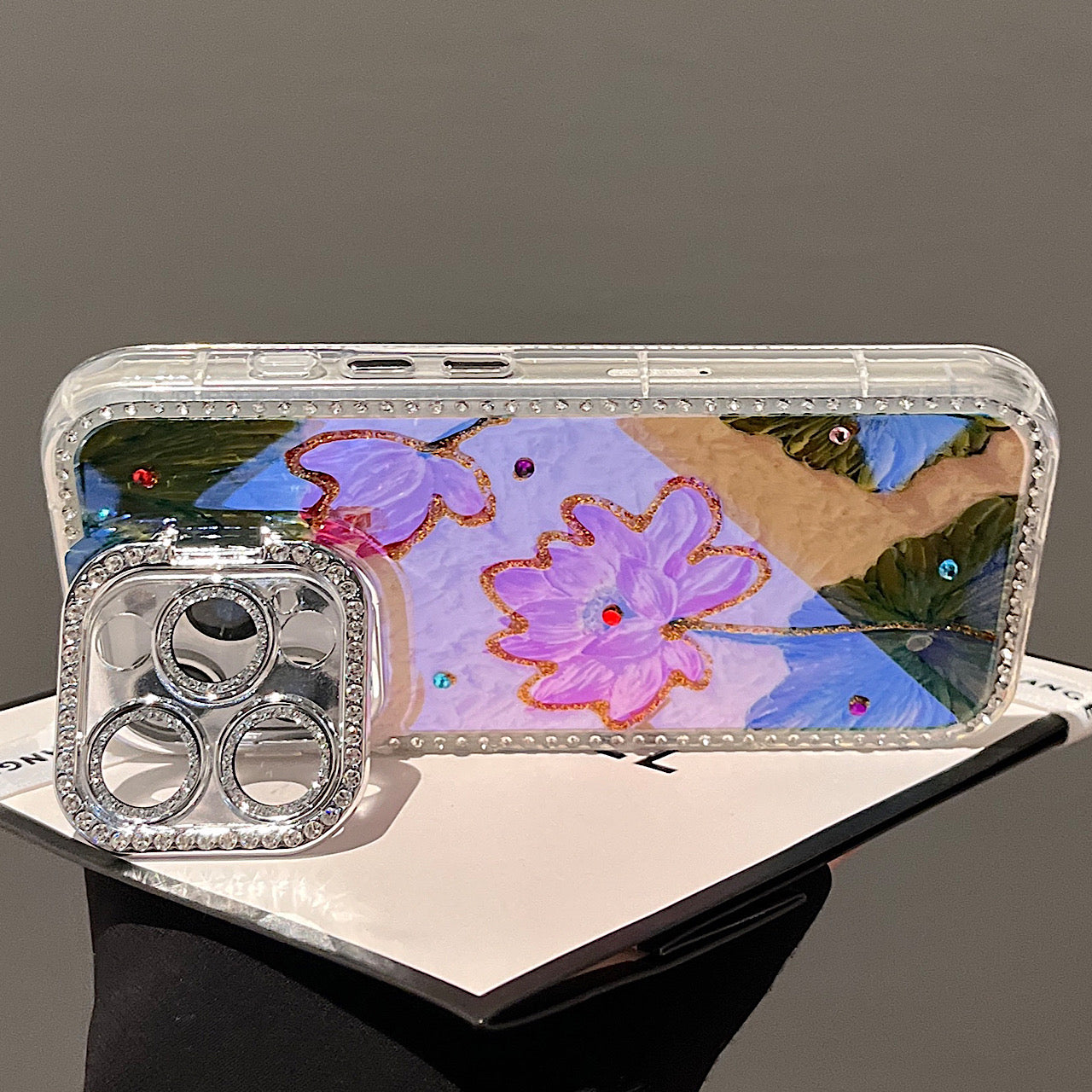 iPhoneケース おしゃれ 蓮の花 キラキラ ジュエル付き スマホケース