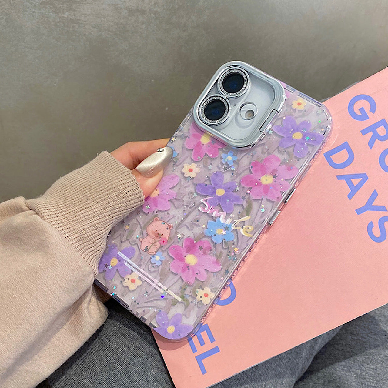iPhoneケース おしゃれ カラフル フラワー スタンド付き スマホケース