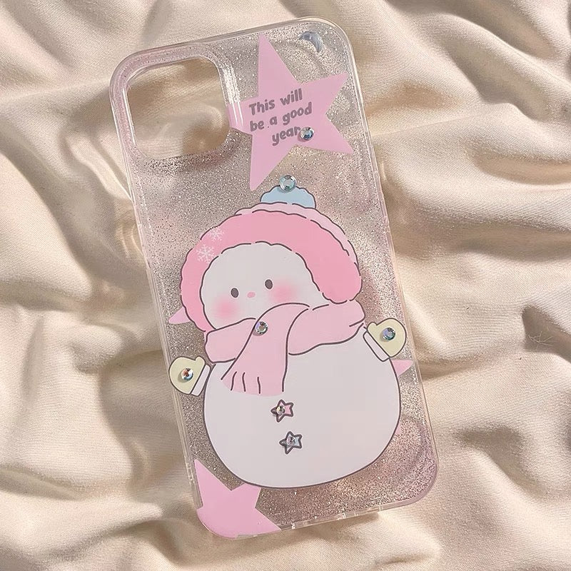 iPhoneケース キラキラ 猫 雪だるま かわいい スマホケース