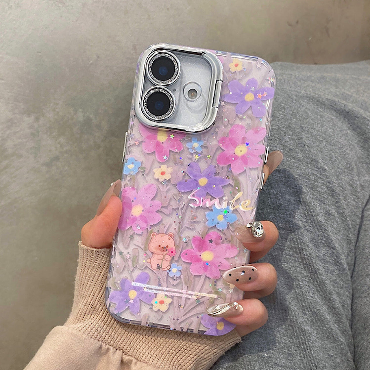 iPhoneケース おしゃれ カラフル フラワー スタンド付き スマホケース