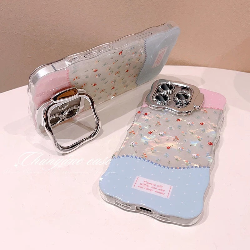 iPhoneケース かわいい フラワー ピンク×ブルー スタンド付き スマホケース