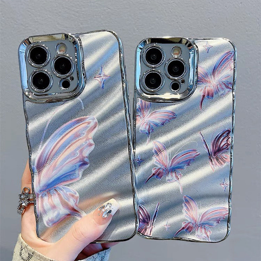 iPhoneケース おしゃれ 蝶々 シルバー 凹凸 スマホケース