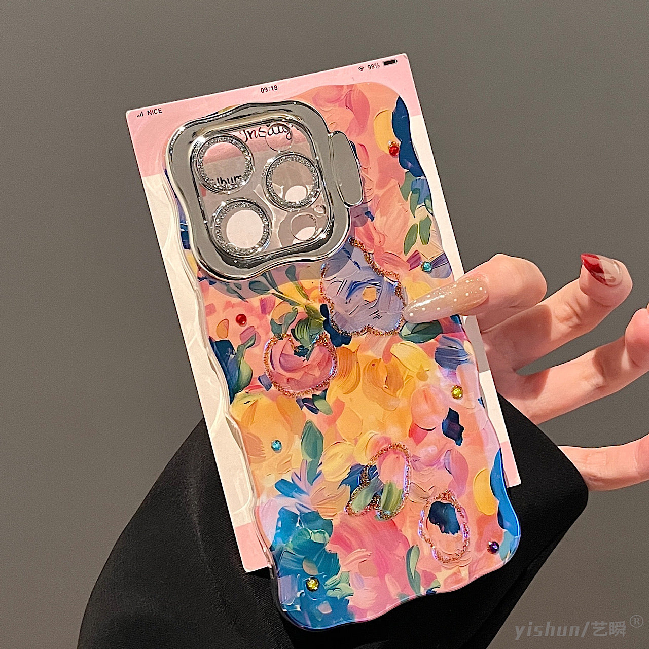 iPhoneケース おしゃれ 絵の具風 カラフル フラワー スタンド付き スマホケース