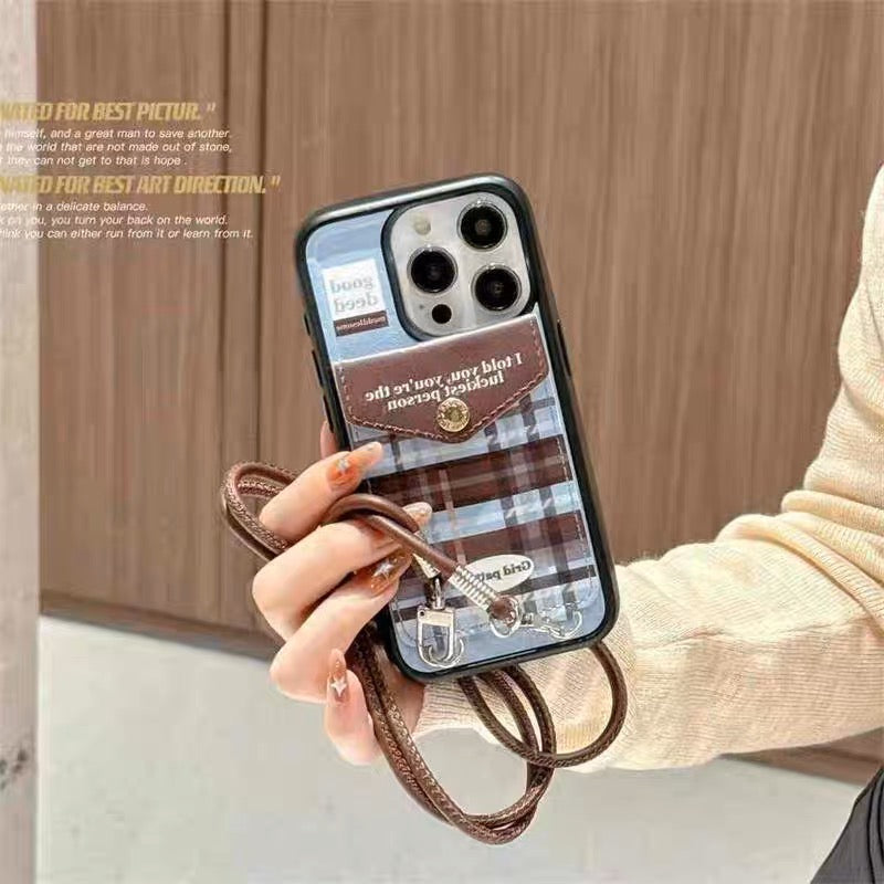 iPhoneケース おしゃれ ポケット付き チェック柄 ショルダー スマホケース