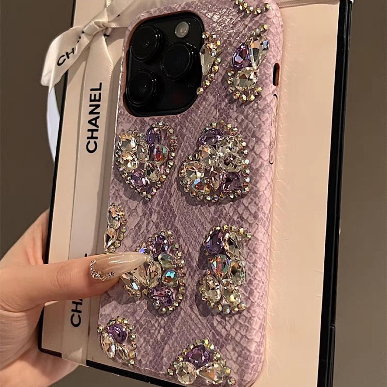 iPhoneケース おしゃれ ハート クリスタル パープル スマホケース