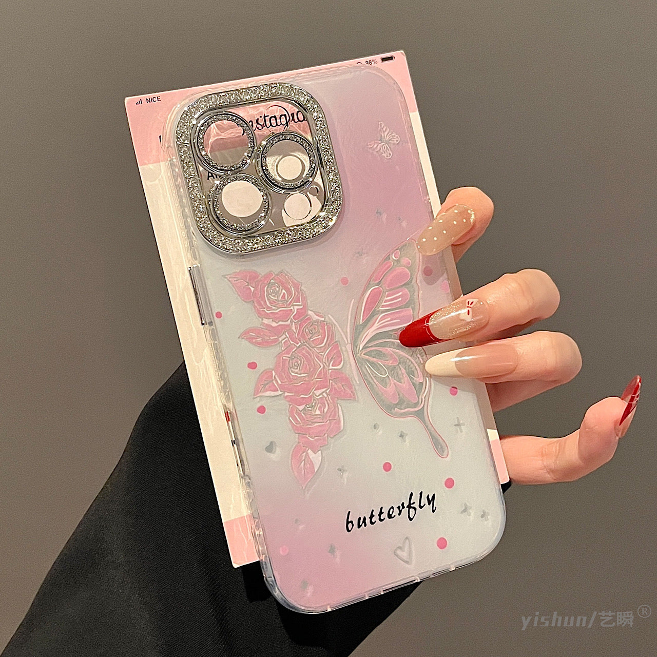 iPhoneケース おしゃれ ピンク 蝶々 キラキラ カメラ保護付き スマホケース
