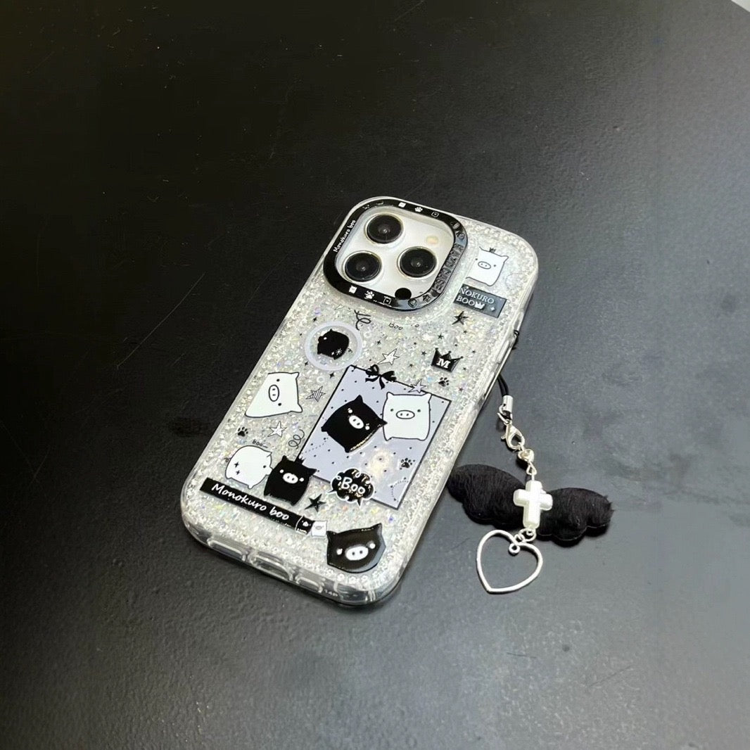 iPhoneケース かわいい ブラック×ホワイト 子豚 スマホケース