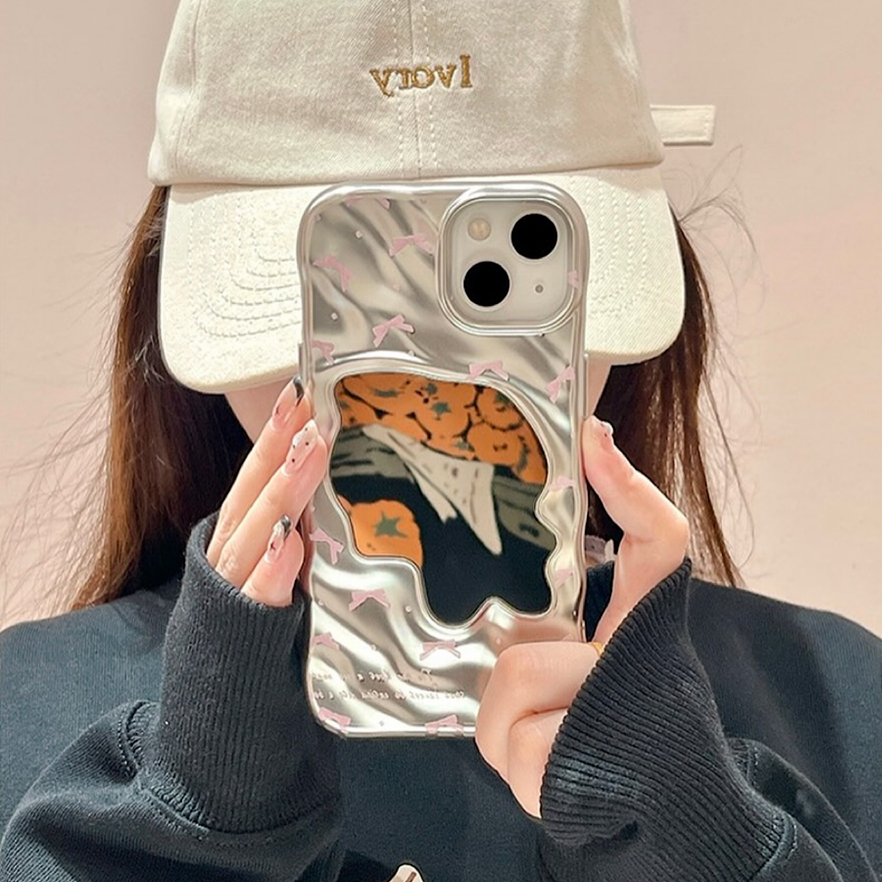 iPhoneケースシルバーウェーブ×ピンクリボン おしゃれ スマホケース