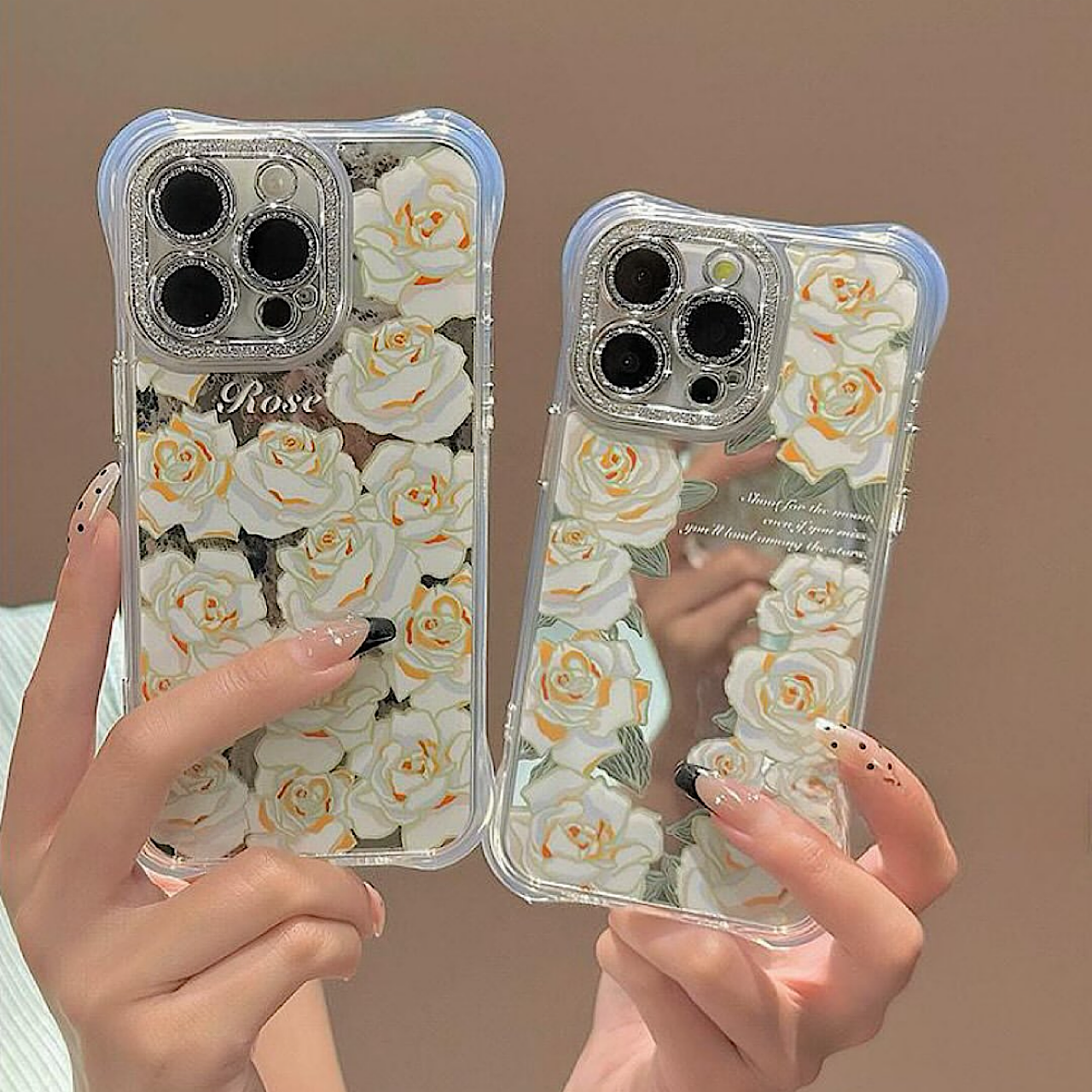 iPhoneケース 大人可愛い ホワイトフラワー ミラー付き スマホケース
