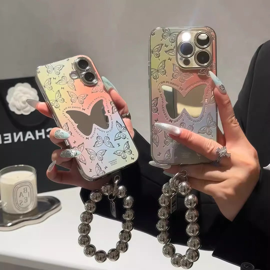 iPhoneケース おしゃれ カラフル 蝶々 ミラー付き スマホケース