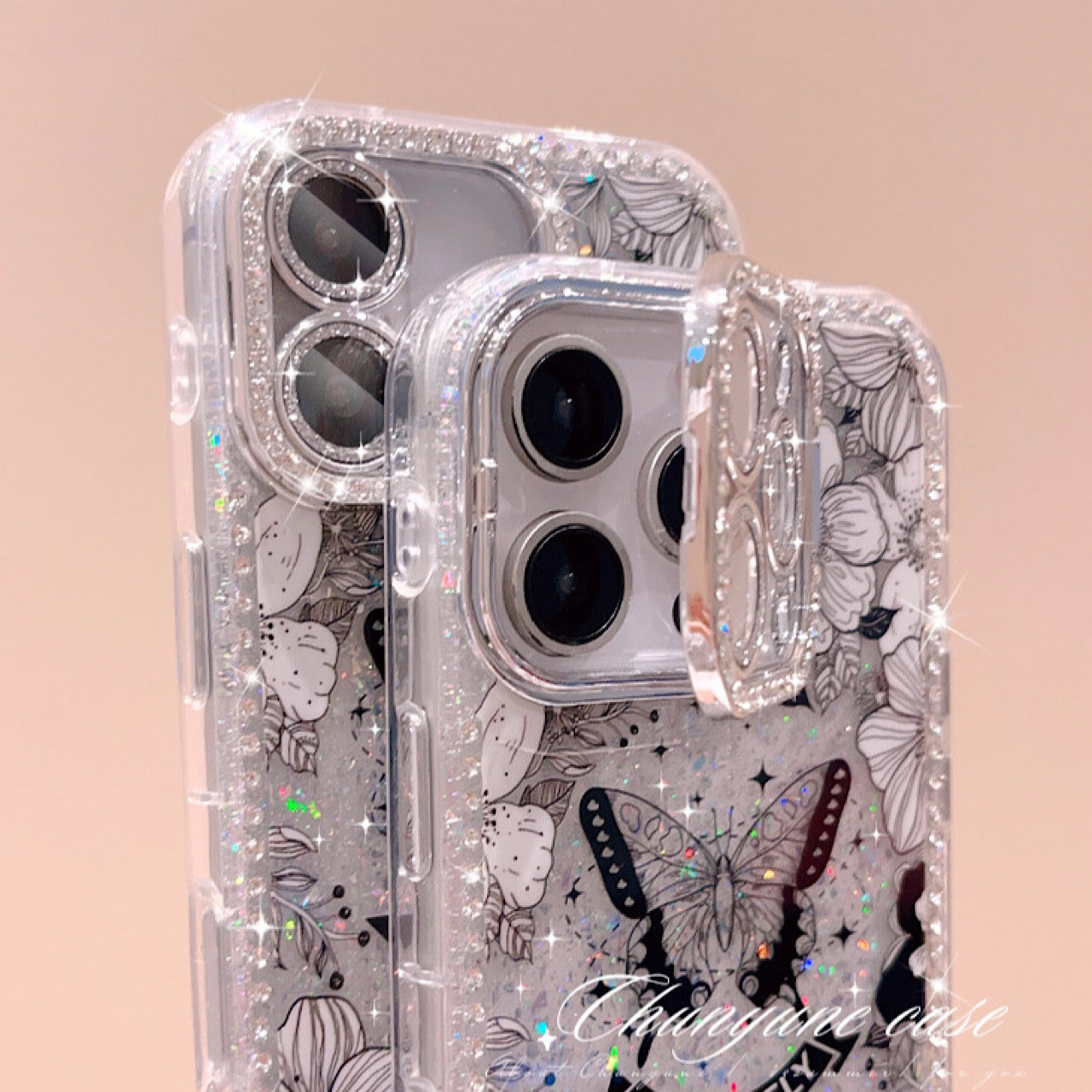 iPhoneケース おしゃれ キラキラ 蝶々 ブラック×ホワイト スタンド付き スマホケース