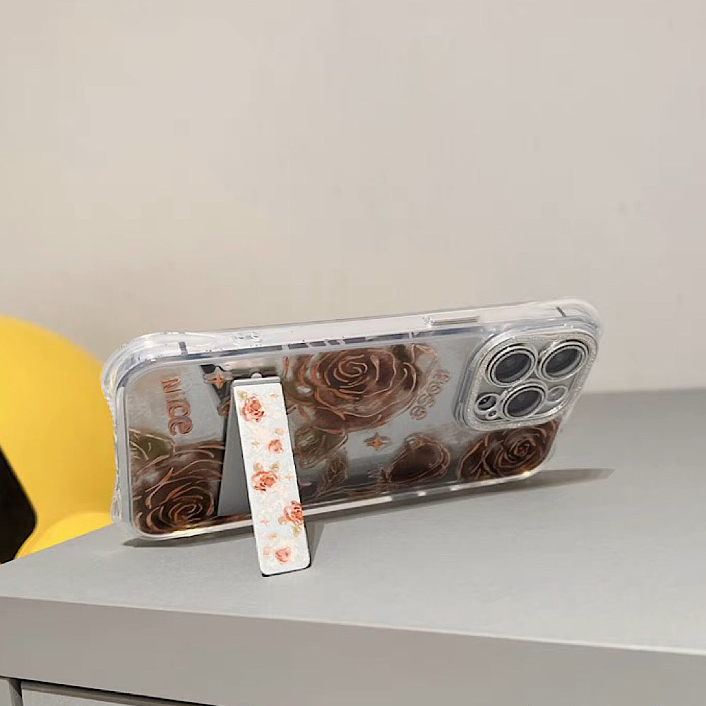 iPhoneケース ブラウン ローズフラワー おしゃれ スタンド付き 頑丈 スマホケース