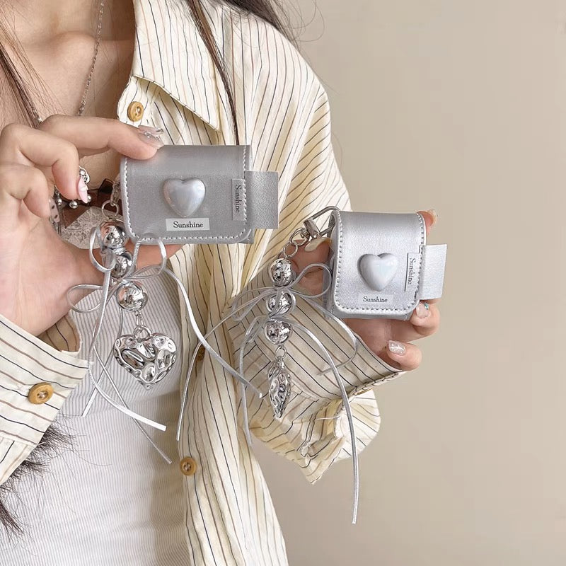 AirPodsケース おしゃれ ハート シルバー ストラップ付き AirPods Proケース