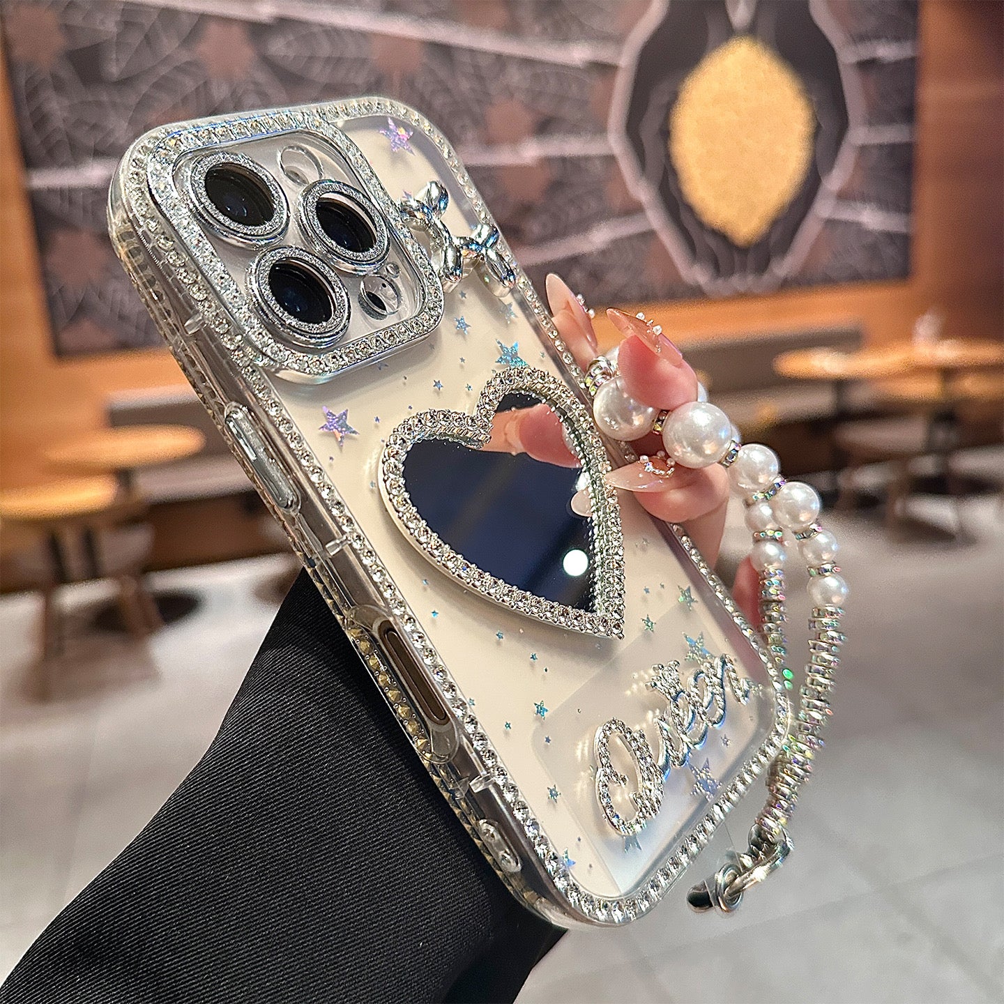 iPhoneケース おしゃれ ハート 熊ちゃん キラキラ ミラー付き スマホケース