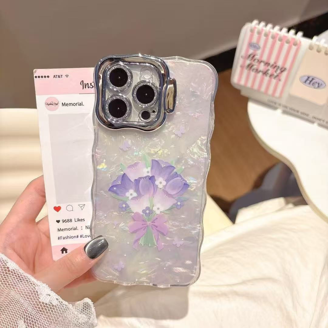 iPhoneケース シェル風 クリア×花束リボンデザイン スマホスタンド スマホケース