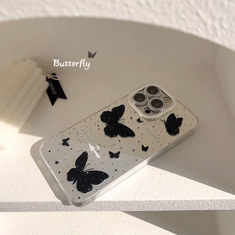 iPhoneケース ブラック 蝶々 おしゃれ シルバー スマホケース