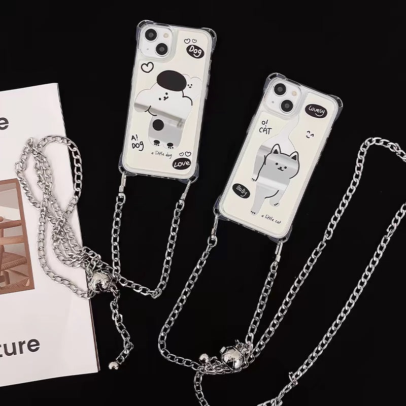 iPhoneケース 鏡付き 犬 猫 ホワイト ショルダー ストラップ スマホケース
