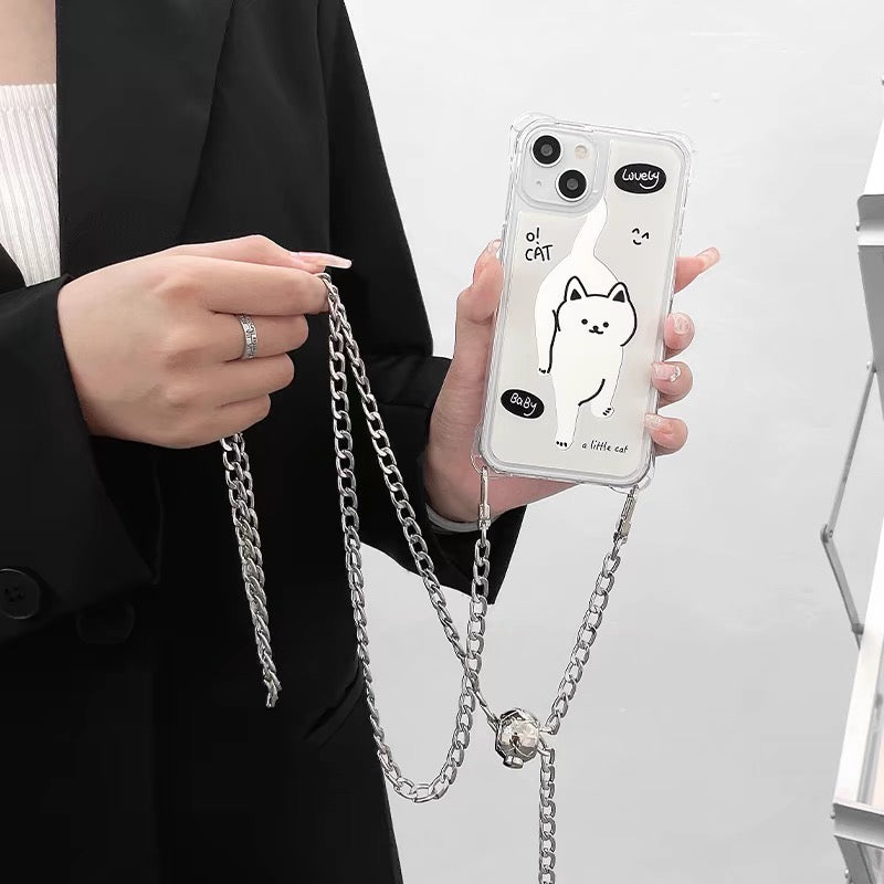 iPhoneケース 鏡付き 犬 猫 ホワイト ショルダー ストラップ スマホケース