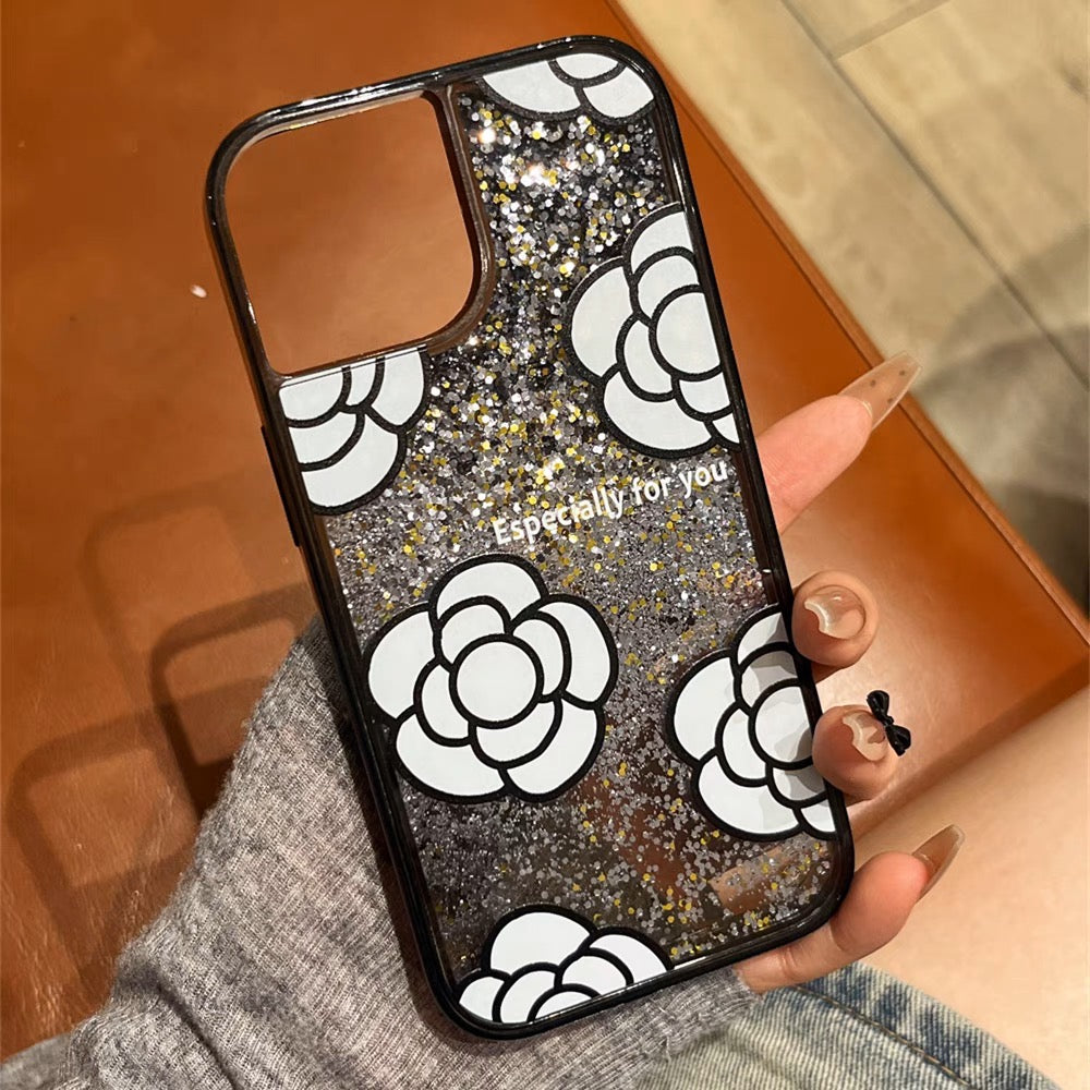 iPhoneケース おしゃれ ホワイト フラワー キラキラ ブラック スマホケース