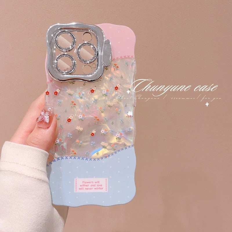 iPhoneケース かわいい フラワー ピンク×ブルー スタンド付き スマホケース