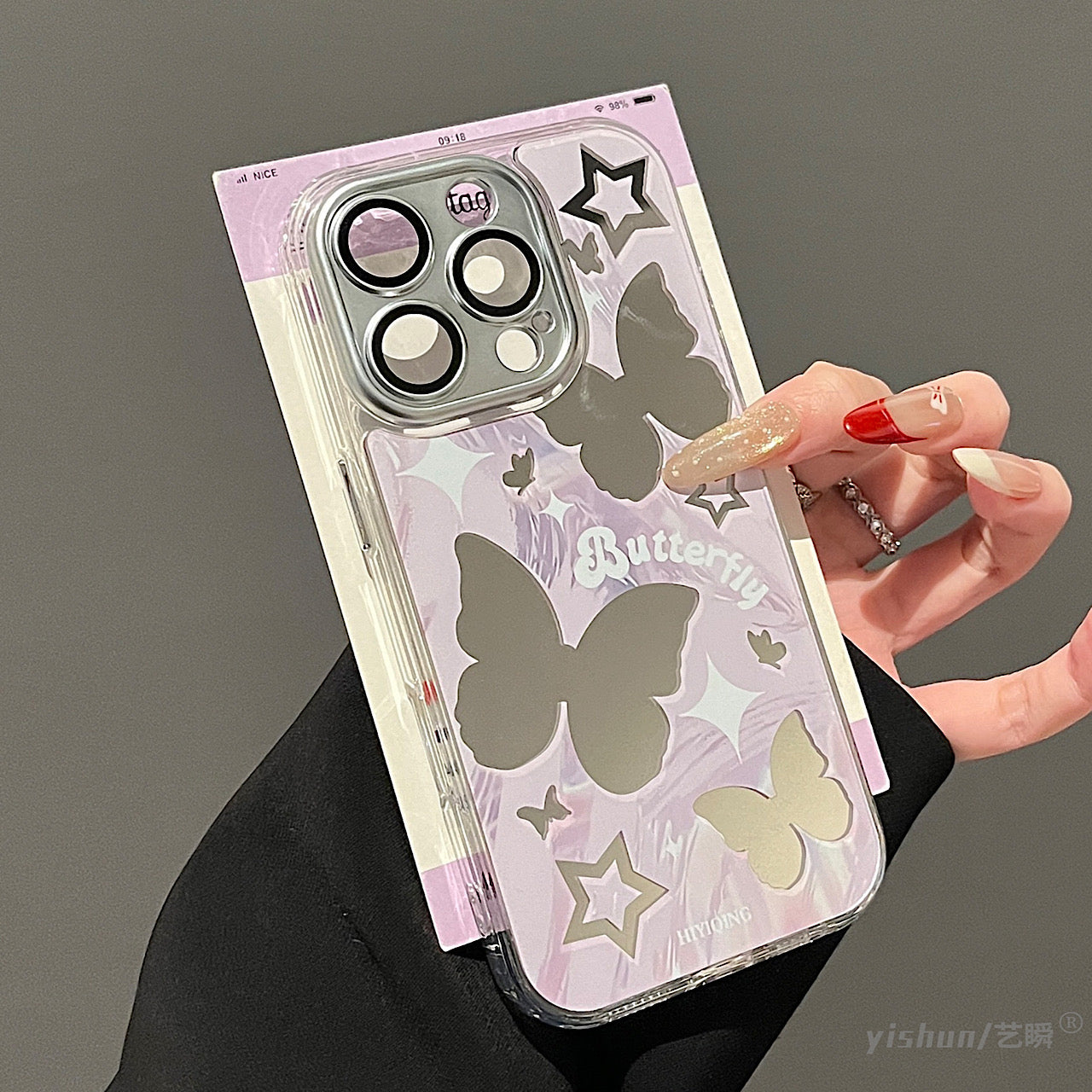iPhoneケース おしゃれ ブルー 蝶々 ミラー付き スマホケース