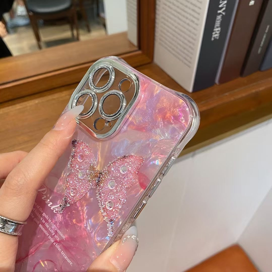 iPhoneケース きらめく 立体蝶々 大理石風 スマホケース